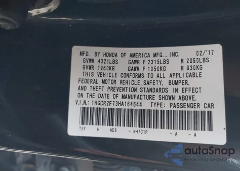 2017 Honda Accord Ex z USA, uszkodzony, nr VIN 1HGCR2F73HA164644